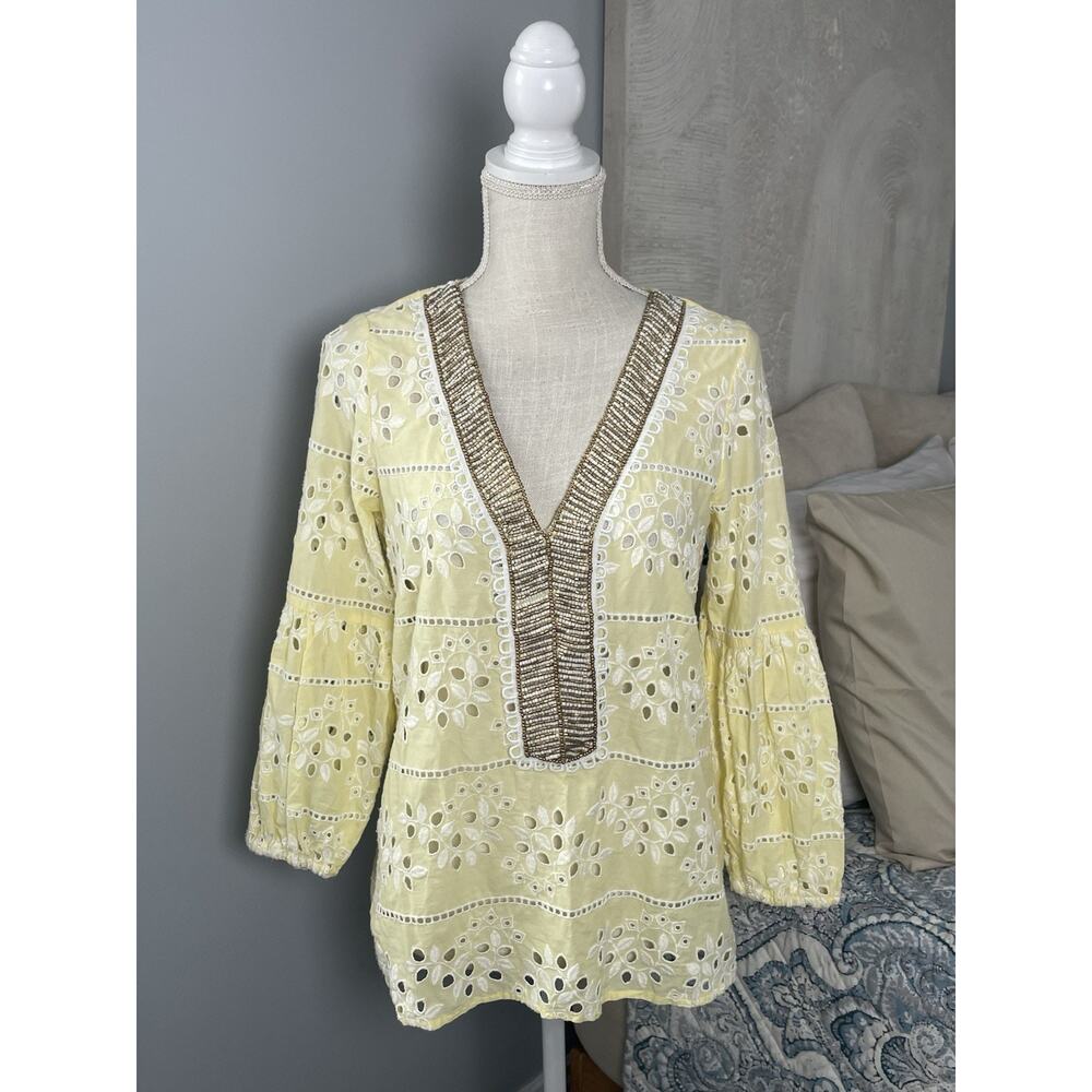 Chico’s Yellow Eyelet Embroidered Beaded Boho Blouse Top Sz 0 (4/6)